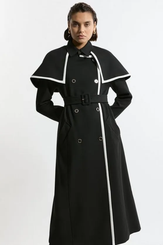 Karen Millen Compact Stretch Contrast Tipped Cape Trench Tailored Midi Coat black Discount