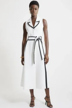 Karen Millen Compact Stretch Contrast Tipped Belted Full Skirt Maxi Dress ivory Discount