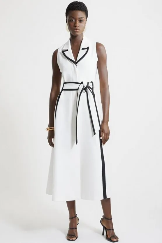 Karen Millen Compact Stretch Contrast Tipped Belted Full Skirt Maxi Dress ivory Discount