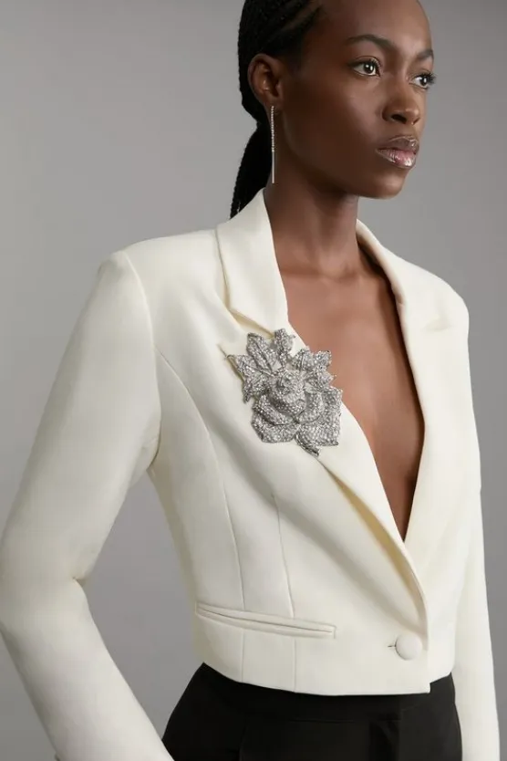 Karen Millen Compact Stretch Crystal Embellished Rosette Cropped Tailored Blazer ivory Best