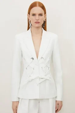 Karen Millen Compact Stretch Eyelet Detailed Ribbon Jacket ivory Sale