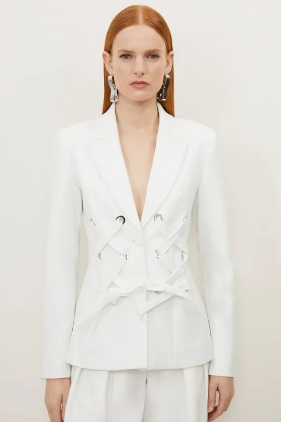 Karen Millen Compact Stretch Eyelet Detailed Ribbon Jacket ivory Sale