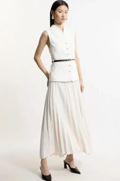 Karen Millen Compact Stretch Fluid Tailored Belted Pleated Full Skirt Midaxi Dress ivory Outlet