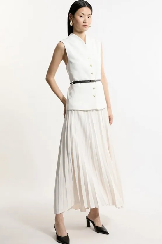 Karen Millen Compact Stretch Fluid Tailored Belted Pleated Full Skirt Midaxi Dress ivory Outlet