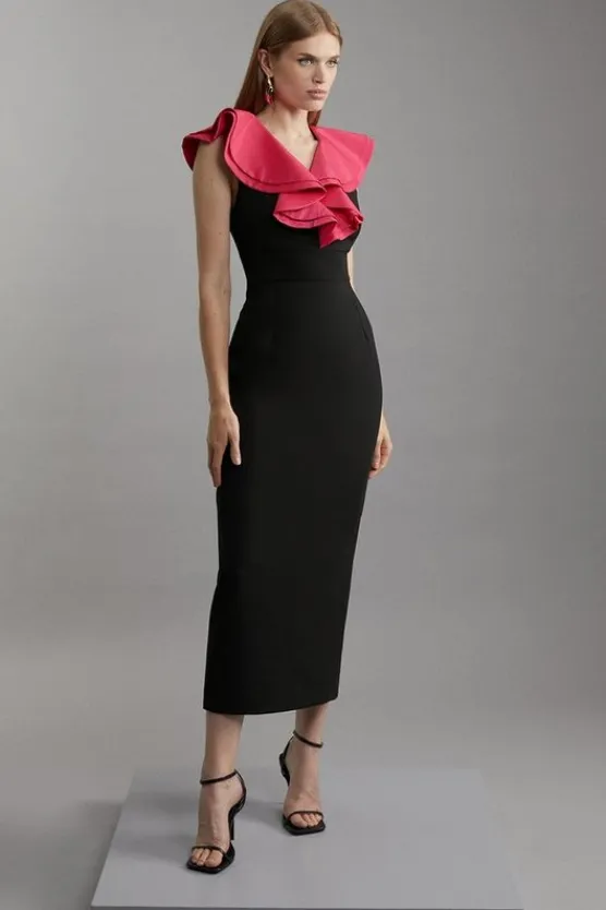 Karen Millen Compact Stretch Taffeta Ruffle Tailored Midi Dress black Online