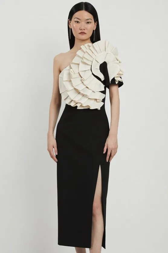 Karen Millen Compact Stretch Taffeta Ruffle One Shoulder Midi Dress mono Best