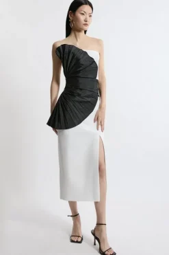 Karen Millen Compact Stretch Taffeta Ruffle Detail Strappy Tailored Midi Dress mono Outlet