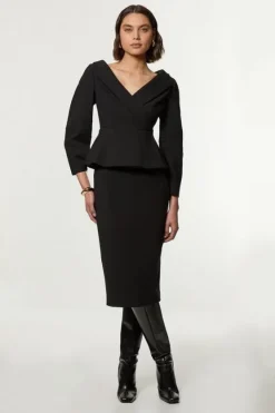 Karen Millen Compact Stretch Tailored Asymmetric Peplum Pencil Midi Dress black Discount