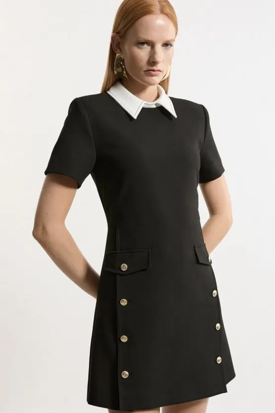 Karen Millen Compact Stretch Tailored Collared Button Detail Mini Dress black Discount