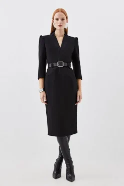 Karen Millen Compact Stretch Tailored Forever Belted Midi Dress black New