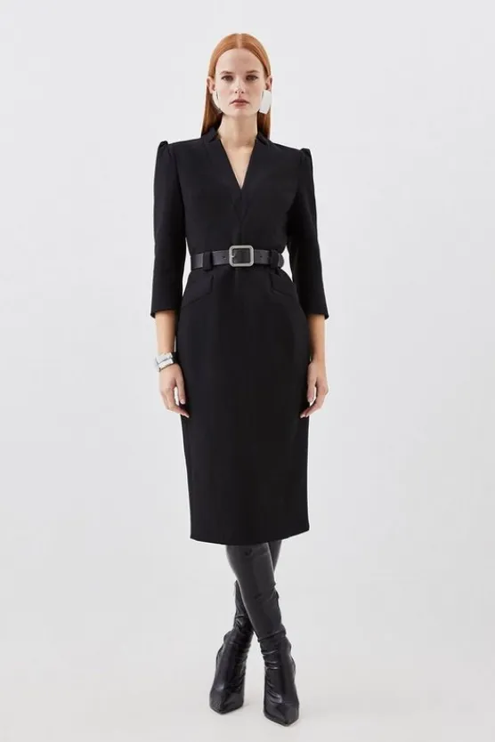 Karen Millen Compact Stretch Tailored Forever Belted Midi Dress black New