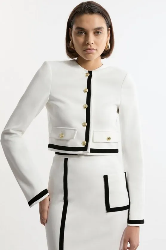 Karen Millen Compact Stretch Tipped Velvet Contrast Collarless Tailored Jacket mono Outlet