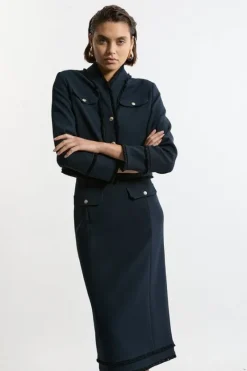 Karen Millen Compact Stretch Tweed Tailored Maxi Skirt navy Sale