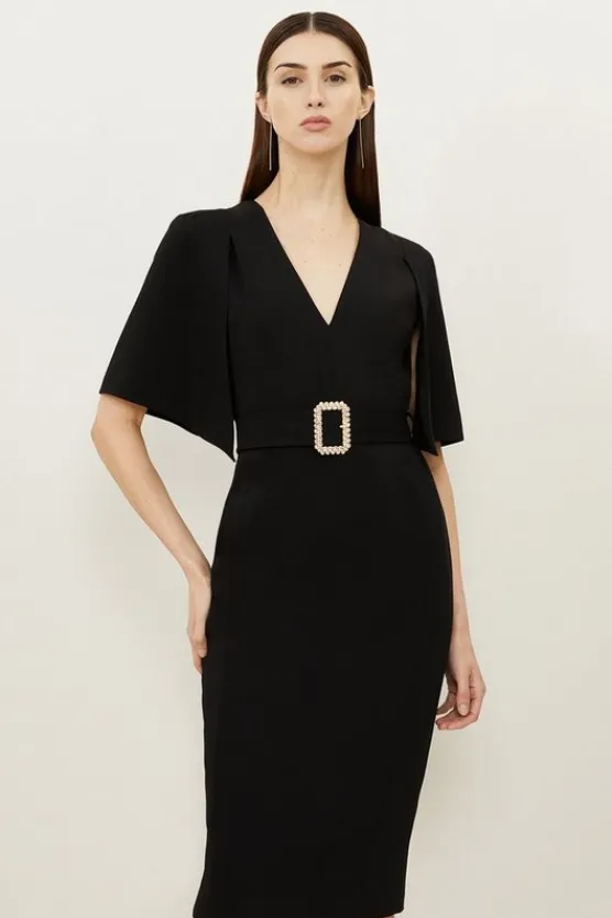 Karen Millen Compact Stretch Viscose Cape Pencil Midi Dress black Best
