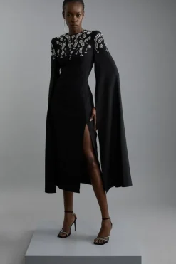 Karen Millen Compact Stretch Viscose Crystal Embellished Cape Maxi Dress black New