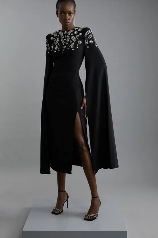 Karen Millen Compact Stretch Viscose Crystal Embellished Cape Maxi Dress black New