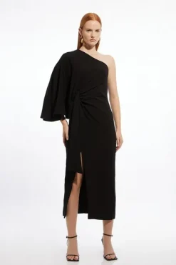 Karen Millen Compact Stretch Viscose Drape Sleeve One Shoulder Tailored Maxi Dress black Clearance