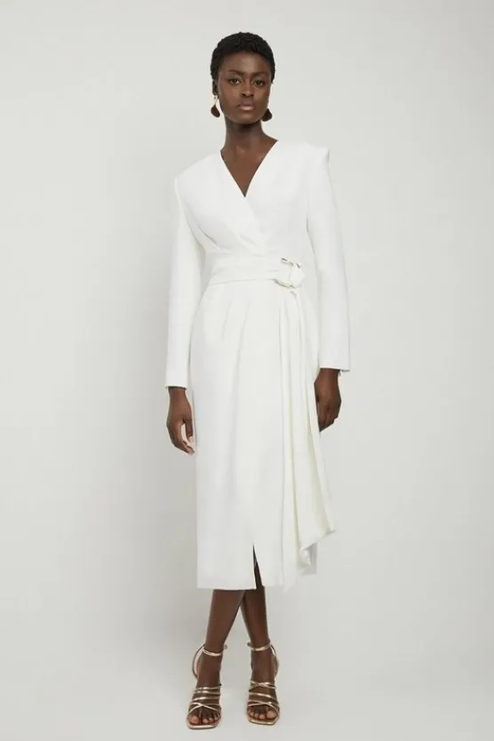 Karen Millen Compact Stretch Viscose Drape Waist Midi Dress ivory New