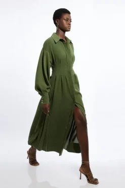 Karen Millen Compact Stretch Viscose Long Sleeve Woven Maxi Shirt Dress khaki Outlet