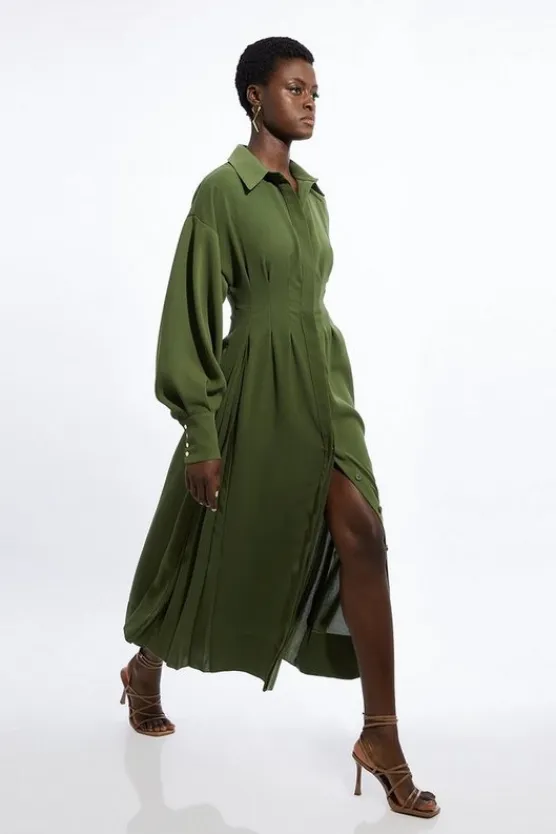 Karen Millen Compact Stretch Viscose Long Sleeve Woven Maxi Shirt Dress khaki Outlet