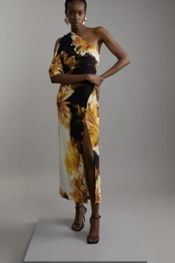 Karen Millen Compact Stretch Viscose Printed Photographic Floral One Shoulder Maxi Dress multi Fashion