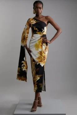 Karen Millen Compact Stretch Viscose Printed Photographic Floral One Shoulder Cape Maxi Dress multi Fashion