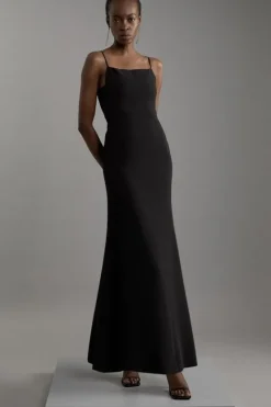 Karen Millen Compact Stretch Viscose Tailored Square Neck Maxi Dress black New