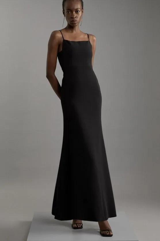 Karen Millen Compact Stretch Viscose Tailored Square Neck Maxi Dress black New
