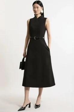Karen Millen Compact Stretch Wrap Neck Tailored Midi Dress black Fashion
