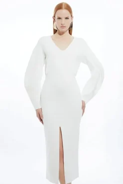 Karen Millen Compact Wool Look V Neck Round Sleeve Knit Midi Dress ivory Sale
