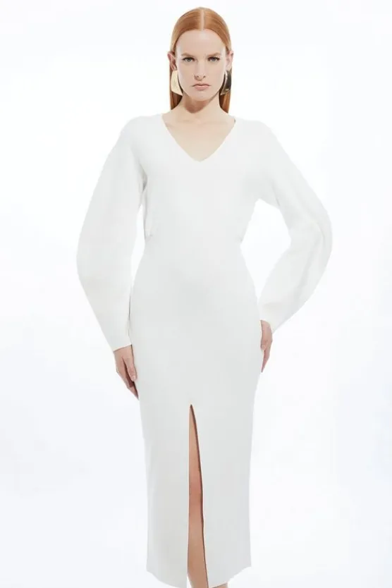 Karen Millen Compact Wool Look V Neck Round Sleeve Knit Midi Dress ivory Sale