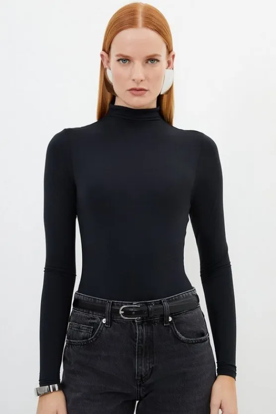 Karen Millen Contour Jersey High Neck Long Sleeve Bodysuit black Hot