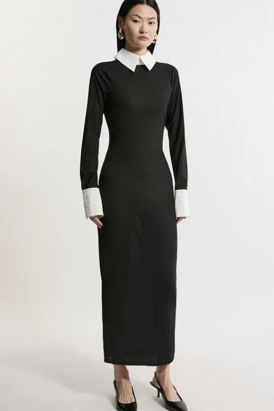 Karen Millen Contrast Collar Jersey Power Mesh Midi Dress black Discount