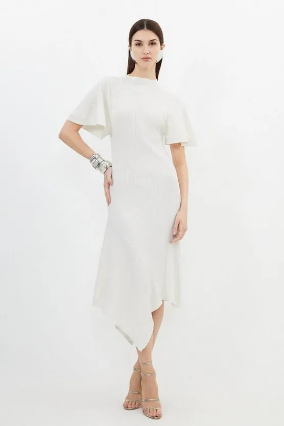 Karen Millen Cotton Blend Angel Sleeve Asymmetric Hem Knit Dress cream Hot