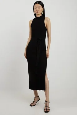 Karen Millen Cotton Blend Belted Knit Racer Midi Dress black Outlet