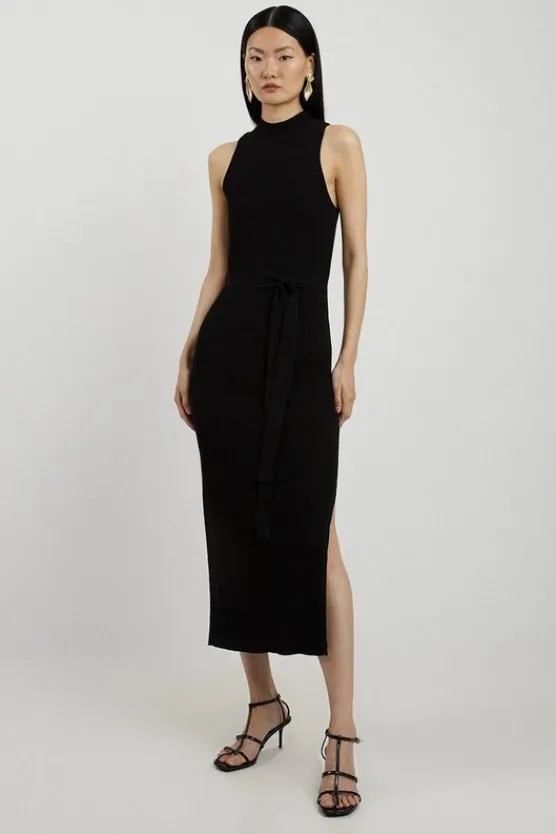 Karen Millen Cotton Blend Belted Knit Racer Midi Dress black Outlet