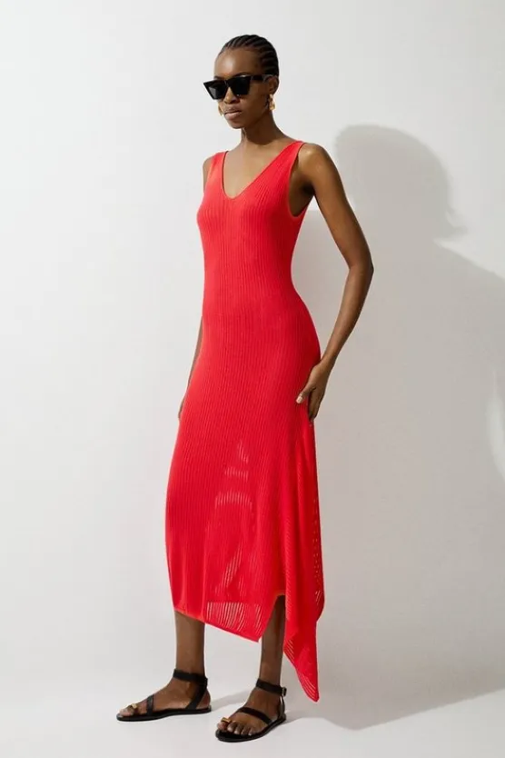 Karen Millen Cotton Blend Knit Scoop Neck Midaxi Dress coral Hot