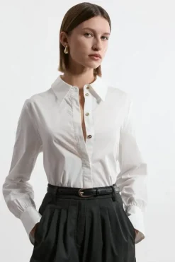 Karen Millen Cotton Button Sleeve Detail Striped Woven Shirt white Discount