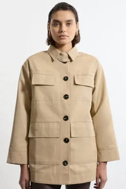 Karen Millen Cotton Contrast Lining Pocket Detail Coat camel Sale