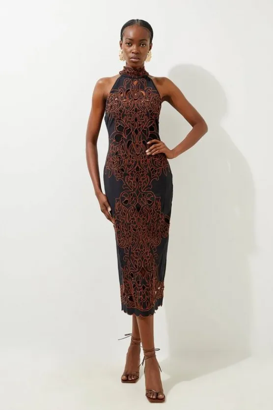 Karen Millen Cotton Cutwork Woven Halter Midi Dress black Discount