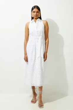 Karen Millen Cotton Eyelet Belted Woven Maxi Shirt Dress ivory New