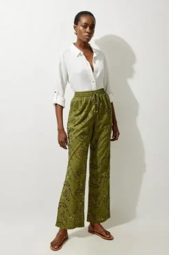 Karen Millen Cotton Eyelet Woven Wide Leg Pants khaki Online