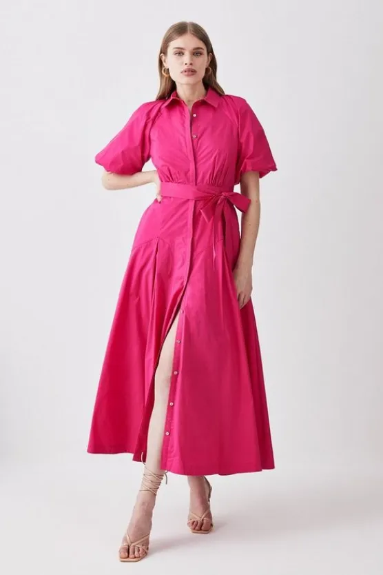 Karen Millen Cotton Poplin Puff Sleeve Woven Shirt Dress With Dropped Waist Detail fuchsia Sale