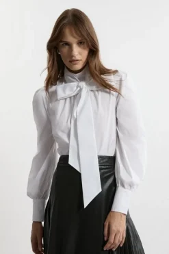 Karen Millen Cotton Poplin Pussybow Blouse ivory Sale