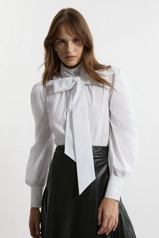 Karen Millen Cotton Poplin Pussybow Blouse ivory Sale