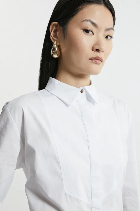 Karen Millen Cotton Poplin Striped Bib Detail Woven Shirt white New