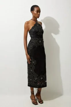 Karen Millen Cotton Quilted Cutwork Beaded Woven Halter Midi Dress black Hot