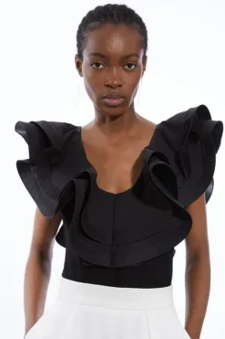 Karen Millen Cotton Ruffle Detail Bodysuit black Discount