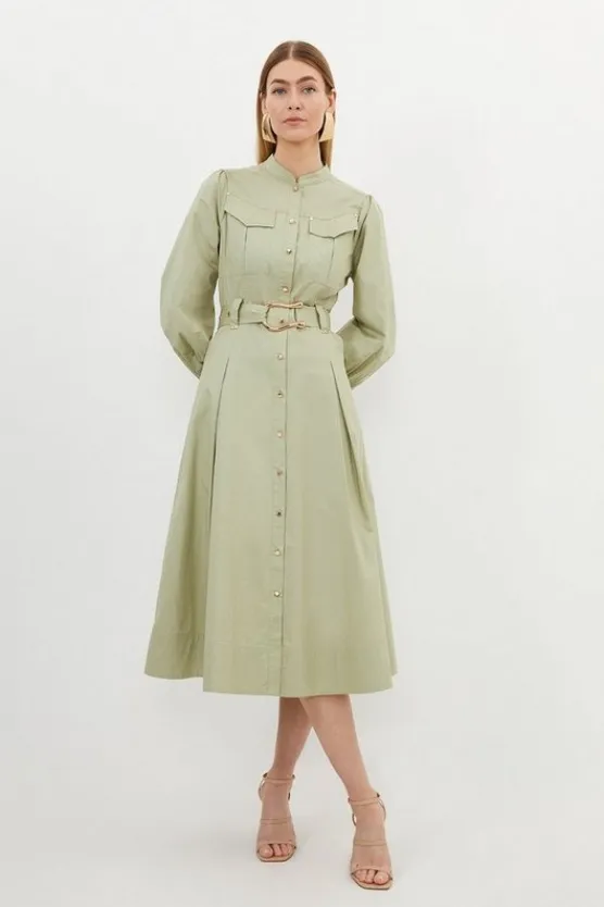 Karen Millen Cotton Sateen Button Detail Woven Midi Shirt Dress khaki Online