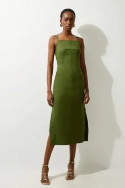 Karen Millen Cotton Sateen Utility Woven Column Midi Dress khaki Outlet